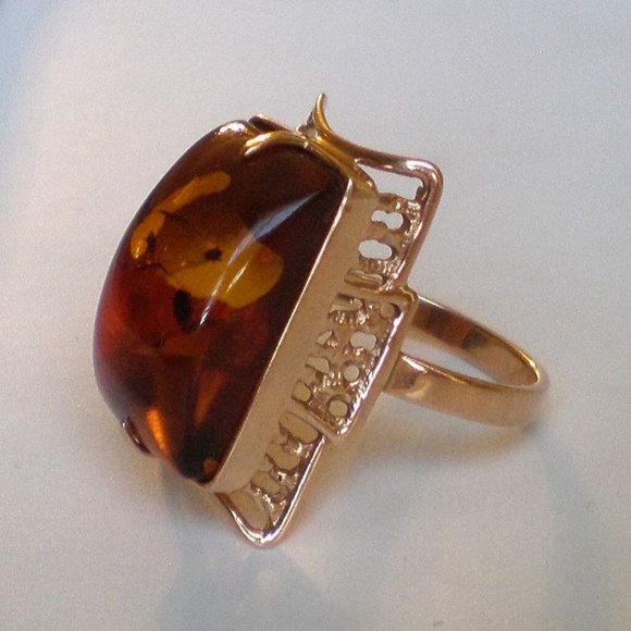 Vintage Russian Russia 14K 583 Rose Pink Gold Baltic Honey Amber Cocktail RING - Picture 4 of 10